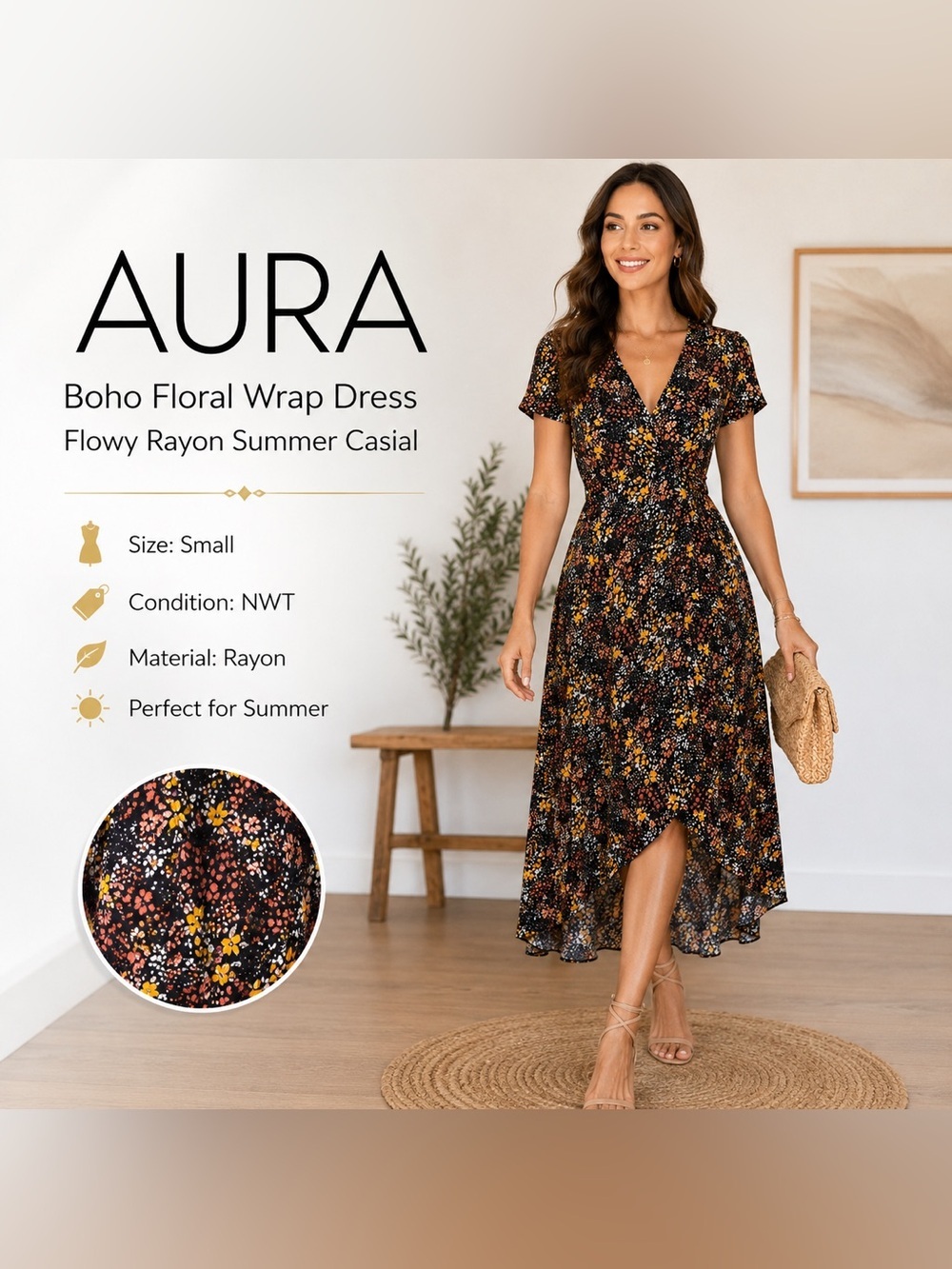 Aura Boho Floral Wrap Dress Size Small Flowy Rayon Summer Casual NWT